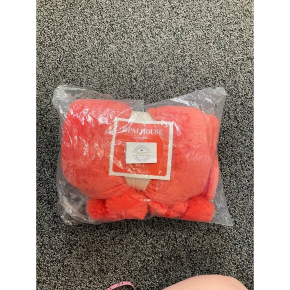 Plush Throw Blanket with Faux Fur Pom-Poms Red - Picture 2 of 3